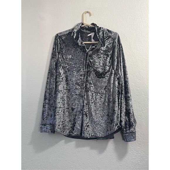 Anthropologie Amadi Velvet Buttondown Top Shirt Crushed Velvet Gray Silver 1x - Picture 1 of 3